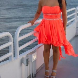 A-Line Strapless Coral Hi-Low Length Chiffon Paillette Prom Dress Size 11